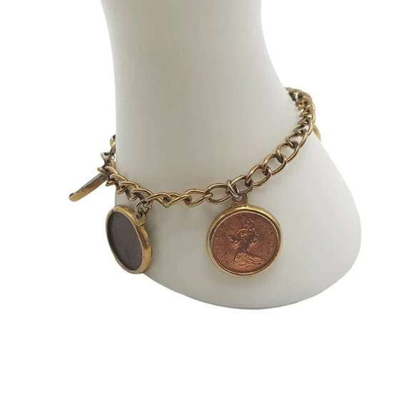 Canada 1969 1 Cent Coin Charm Chain Bangle Bracelet Gold Tone Vintage - Picture 3 of 8